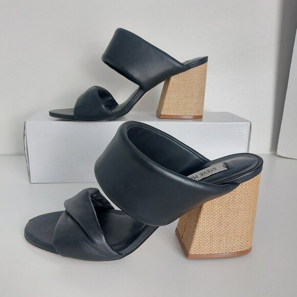 STEVE MADDEN Leather Sandals Sz 8.5 Black Padded Strap Block Heel Brazil REVOLVE - Picture 7 of 16